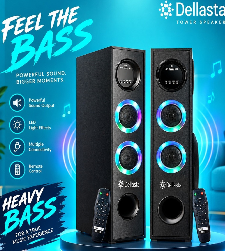 dellasta QP Monster DJ High Music Speaker Tower Bass Music System 120 W Bluetooth Home Theatre(Black, 2.1 Channel)