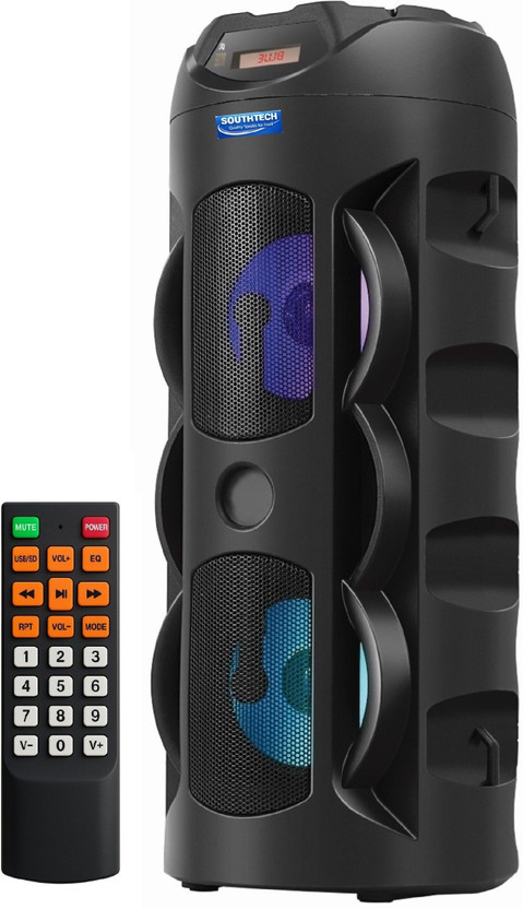 SOUTHTECH 40W Bluetooth Tower Speaker | Dual Woofer RGB Lights | Remote | 40 W Bluetooth Party Speaker(Black, TWS, USB,SD,AUX,Type C,Rechargeable 4800 mAh Battery Outdoor-Indoor Use, 2.0 Channel)