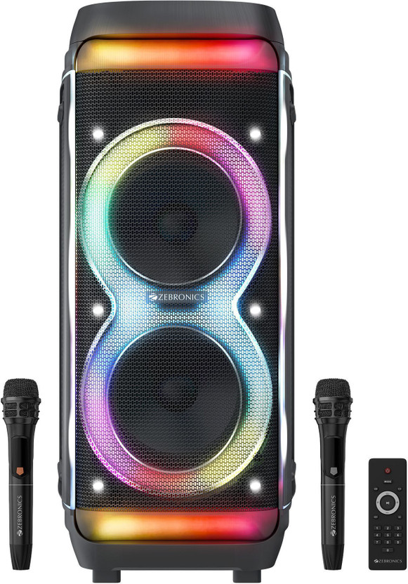 ZEBRONICS Party Fyre 102,9hrs Playback, Dual Mics, Karaoke, TWS, BT v5.0, USB, AUX, RGB 200 W Bluetooth Party Speaker(Black, Mono Channel)