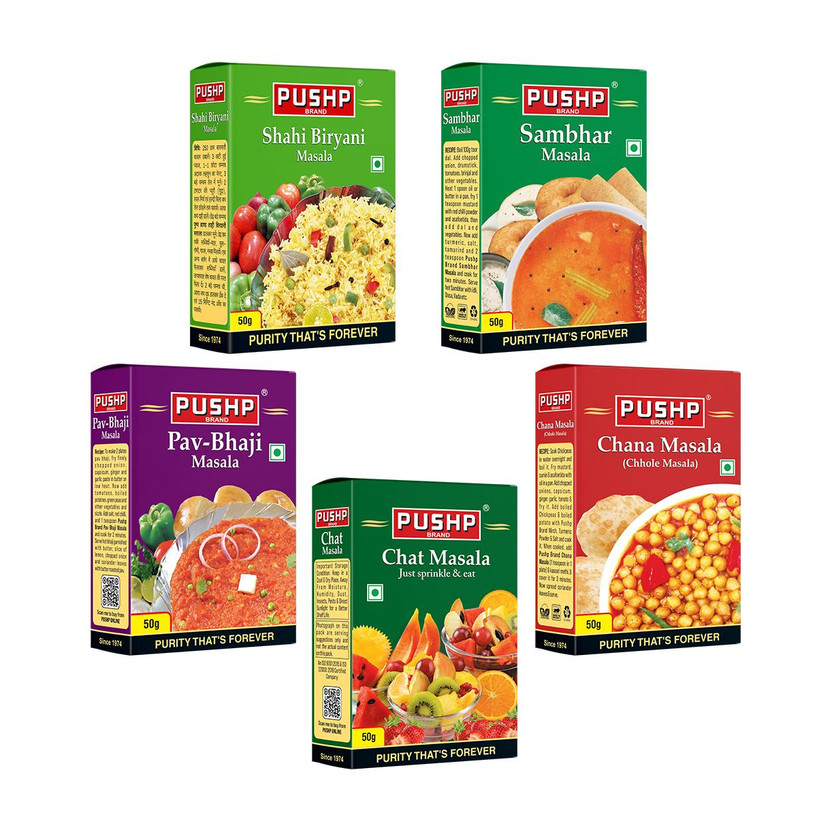 Pushp Pushp Brand Blended Masala Combo 50g Each (Chat, Chana, Biryani, Pav Bhaji, Sambhar)(5 x 50 g) - Flipkart Deal