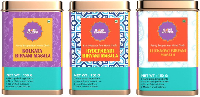Home Kouzina Biryanis of India Trio | Lucknowi, Hyderabadi & Kolkata Biryani Authentic Masala(3 x 150 g)