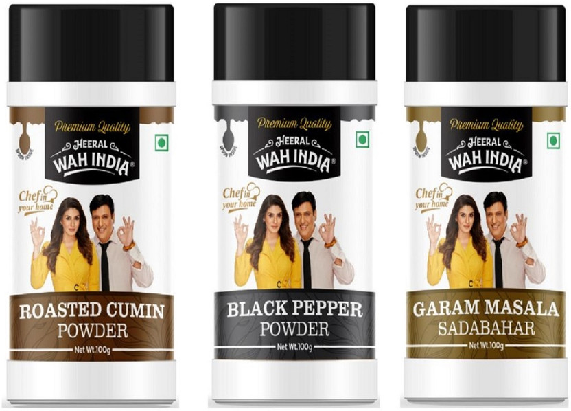 Heeral Wah India Complete Masale Roasted Cumin Powder, Black Pepper Powder & Sadabahar Garam Masala Combo Pack -(3 x 100 g)