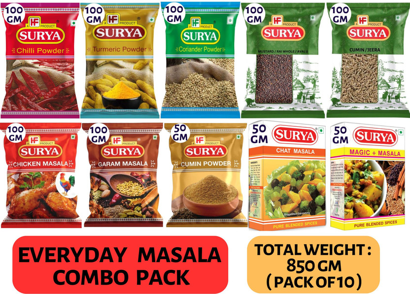 Surya Surya 850g Everyday Masala Combo | Whole Spices | Blended Masale | Powdered Spices(10 x 85 g) - Flipkart Deal