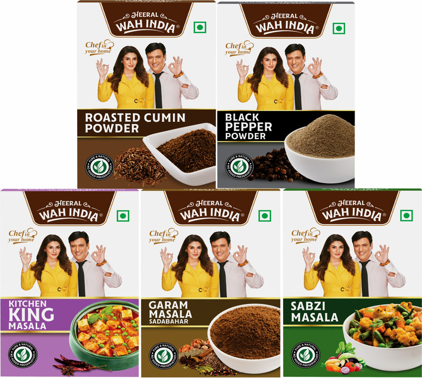 Heeral Wah India Complete Masale Roasted Cumin, Black Pepper Powder, Kitchen King, Garam, and Sabzi Masala(5 x 50 g)