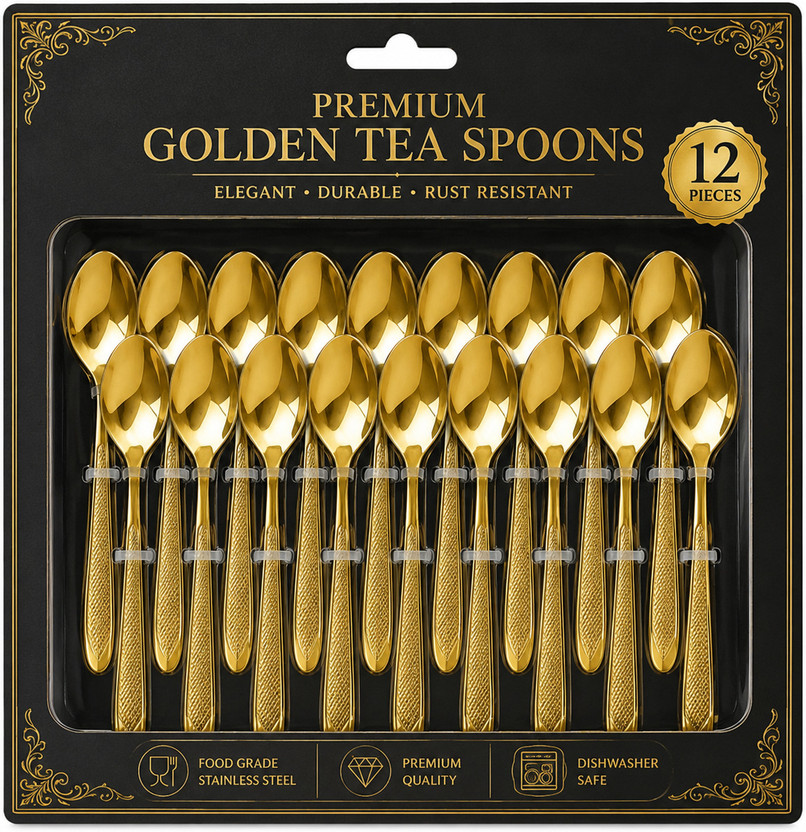 VRSRADHE VRSRADHE Premium Golden Tea Spoons Set of 12 Stainless Steel, Steel Cream Spoon, Dessert Spoon, Ice-cream Spoon, Table Spoon Set(Pack of 12) - Flipkart Deal