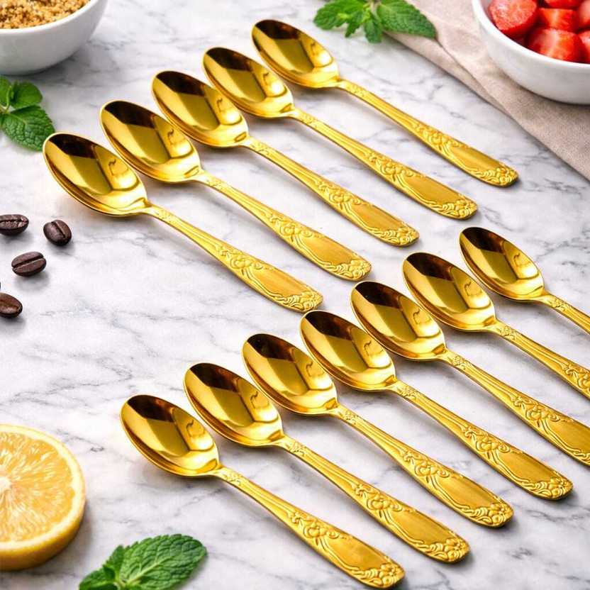 TeaSpoon TeaSpoon luxury gold floral spoon set Disposable Stainless Steel Coffee Spoon, Cream Spoon, Dessert Spoon, Ice Tea Spoon Set(Pack of 12) - Flipkart Deal