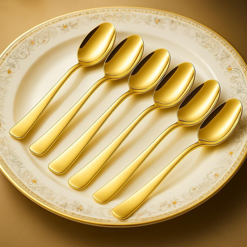 nityaveer Stainless Steel Golden Spoons Set of 6 Disposable Stainless Steel Dessert Spoon Set(Pack of 6)