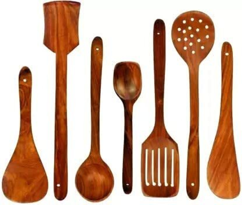 LUNATIC CRAFTWORK Non Chemical lovers Brown yellowish Kitchen Tool Serving Spoon, Salad Spoon Wooden Cutlery Set(Pack of 7)