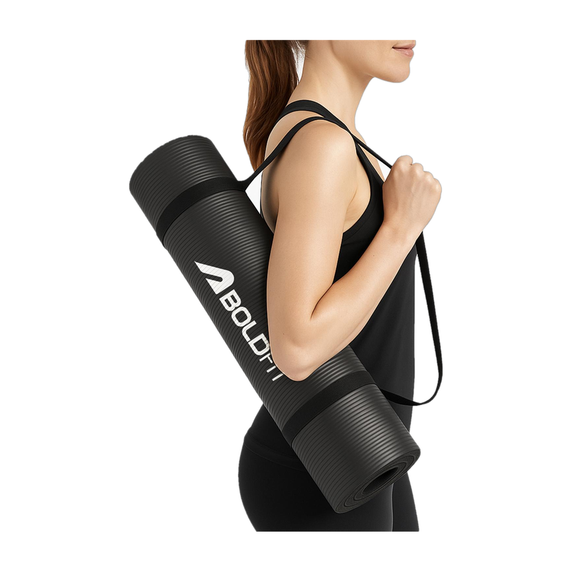 BOLDFIT for Men 8mm Women Nbr Yoga Mat Exercise Mat Workout Gym Carry Strap Black 8 mm Yoga Mat