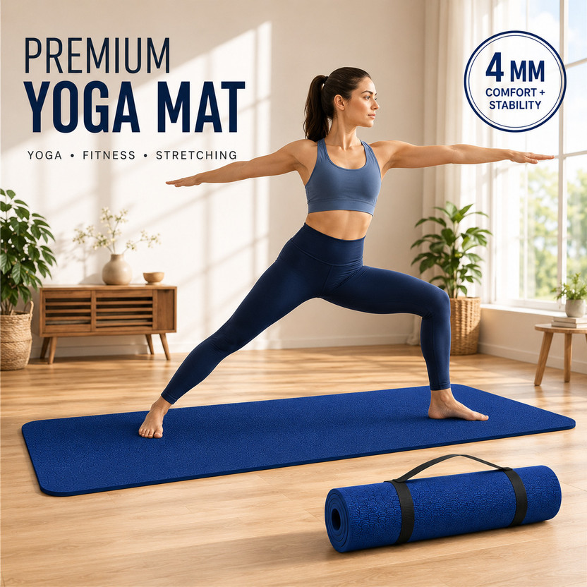 Crosfit 4 MM EVA Fitness Yoga Mat | Portable Exercise Mat with Carry Strap Blue 4 mm Yoga Mat
