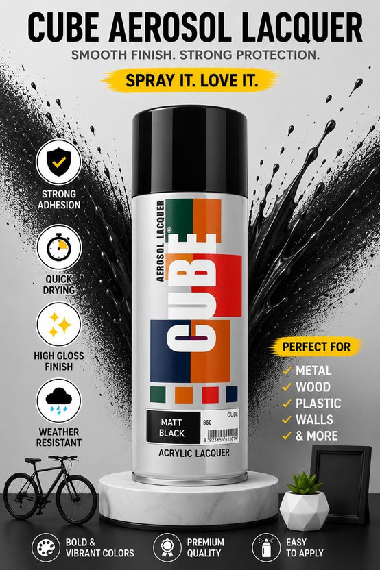 CUBE Cube Aerosol Acrylic For Bike, Cycle, Scooty, Car, Metal, Fiber, Furniture Black Spray Paint 650 ml(Pack of 1)