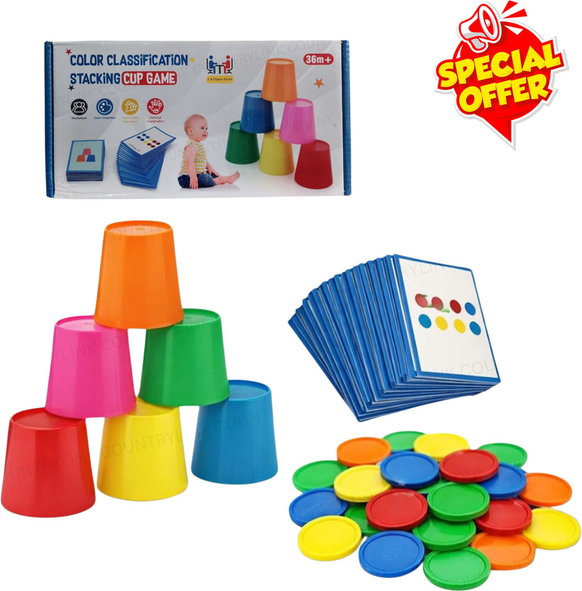 CountryLink Color Matching Cup Stack Game Brain Development 6 Cups, 48 Coins & 50 Cards Set(Multicolor)
