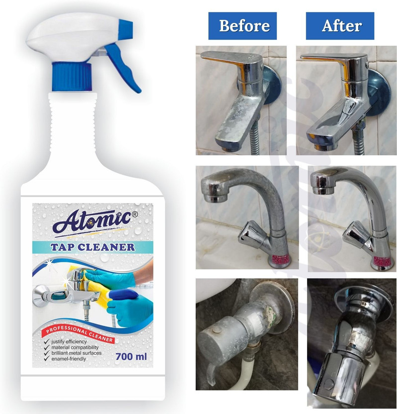 ATOMIC Tap Cleaner Liquid Spray 700 ml | Removes 100% germs | Cleans Tap, Shower | Power & Shine Booster | Hard water stain Remover | Removes Hard Water Marks and Dissolves Limescale Stain Remover(700 ml)