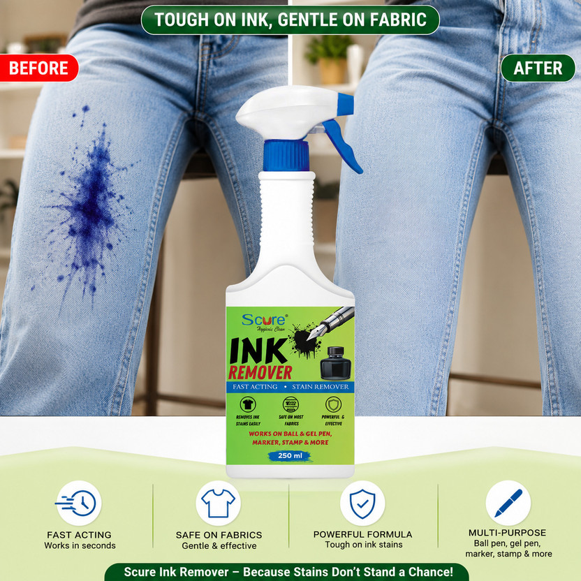 Scure Ink & Stain Remover For Clothes, Jeans, T-Shirts, Sofa, Bags & Car Seats Stain Remover(250 ml)