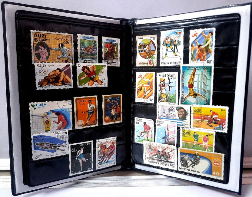 GOLD MINT Stamp album book with 100 PCS Different sports stamps Rare set Kids Hobby Combo Stamp Album(100 Stamps)
