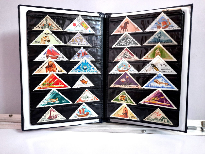 GOLD MINT Stamp Album stock book with 50 Different Rare Triangle stamps Kids Hobby set Stamp Album(50 Stamps)