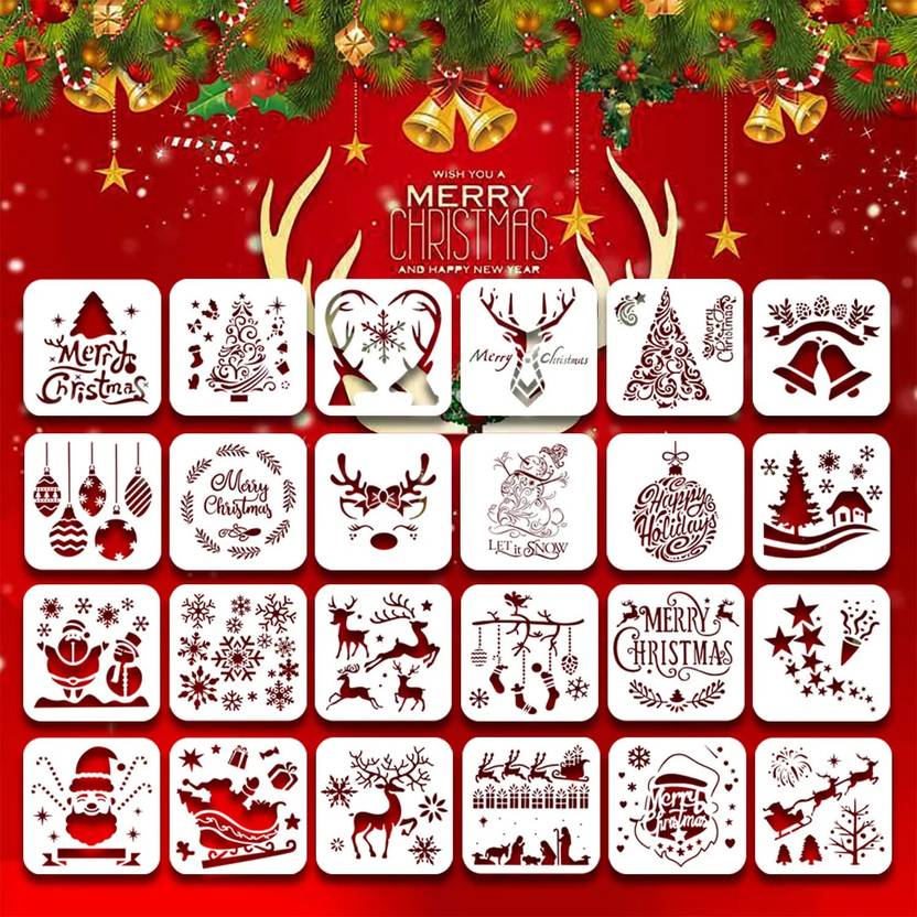 Kachi Pencil 24Pack Christmas Stencils Templates, 6inch Reble Plastic