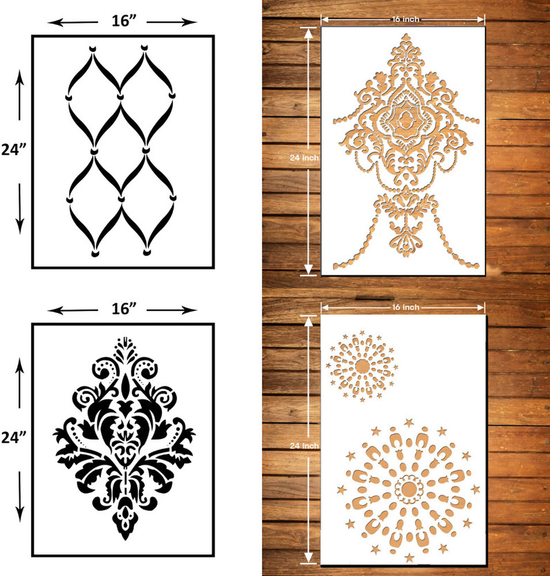 Arkya WALL PAINTING FOR (SIZE 16X24 INCH) Pattern theme,Chandelier,Damask pattern,Padlocked Dahlia ART STENCIL DESIGNS SUITABLE FOR ROOMS, HALLS, CRAFT, CEILING, ETC. Stencil(Pack of 4, Padlocked Dahlia, Pattern theme, chandelier, Damask pattern)