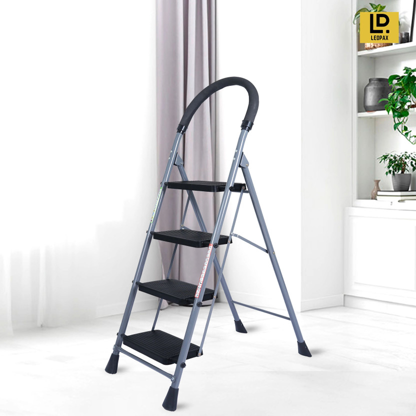 LEOPAX 4 Step Ladder for Home with Safety-Clutch & Wide Anti Skid Steps Stool Foldable Steel Ladder(With Platform, Hand Rail)