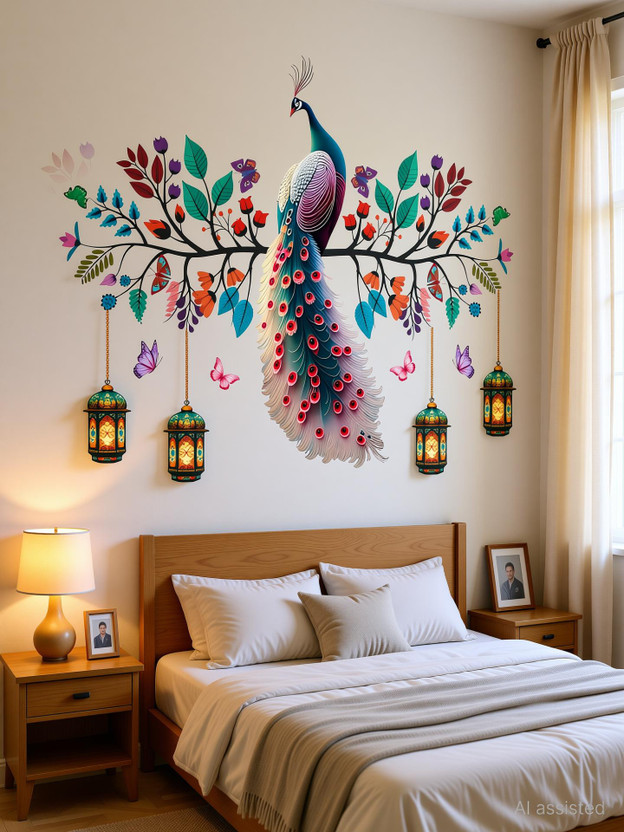Beets Collection 80 cm colorful peacock wall with hanging lanterns for Living Room Office Home and more Self Adhesive Sticker(Pack of 1)