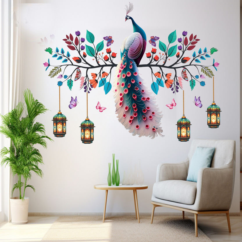 Beets Collection 80 cm colorful peacock wall with hanging lanterns for Living Room Office Home and more Self Adhesive Sticker(Pack of 1)