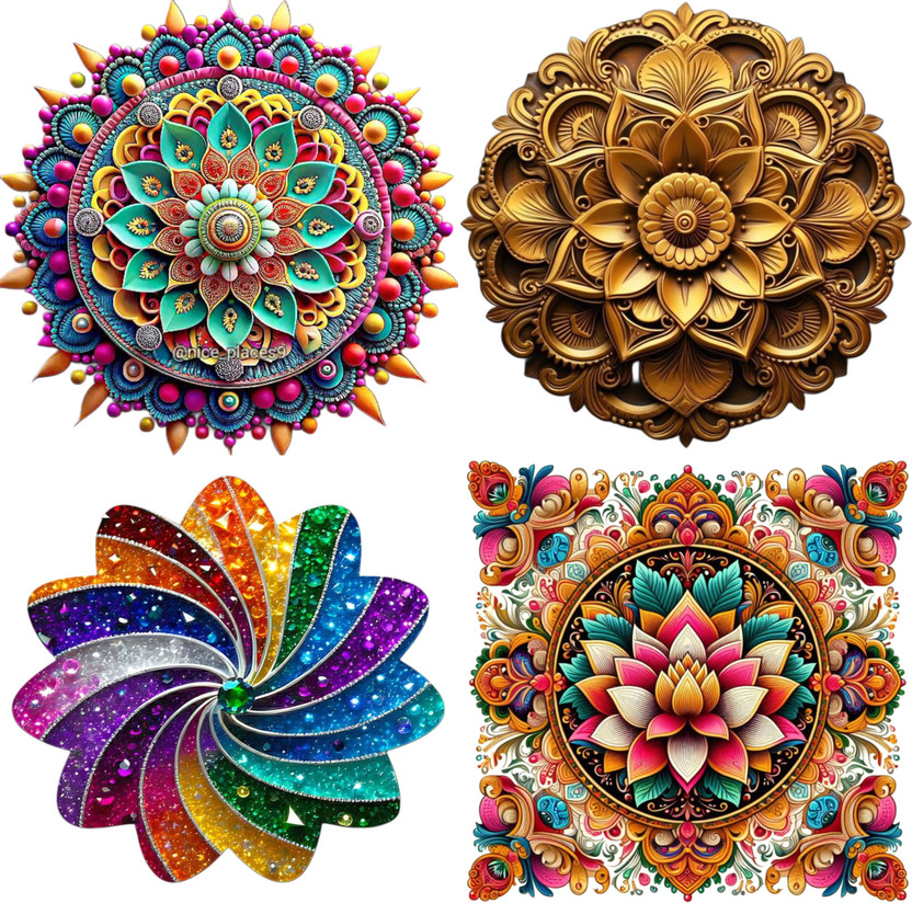 HibaDecor 8 inch Set of 4 Rangoli Floor Stickers 8 x 8 Inch (20.3 x 20.3 cm) Self Adhesive Sticker(Pack of 4)