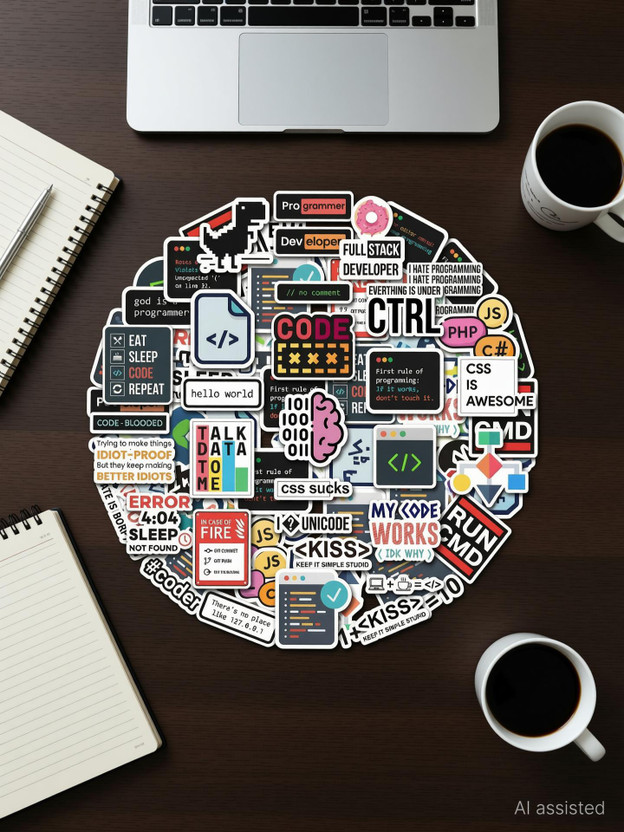 WEELIN 15.6 inch Programming Developer Sticker Pack | Coding Languages, Tech Logos & Funny Self Adhesive Sticker(Pack of 35)