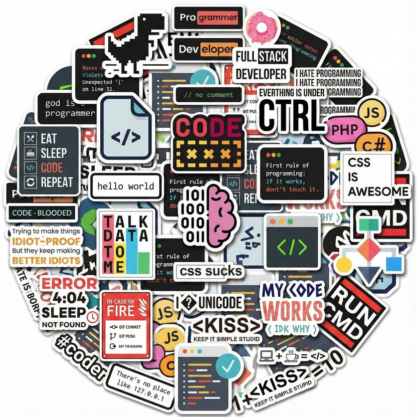 WEELIN 15.6 inch Programming Developer Sticker Pack | Coding Languages, Tech Logos & Funny Self Adhesive Sticker(Pack of 35)