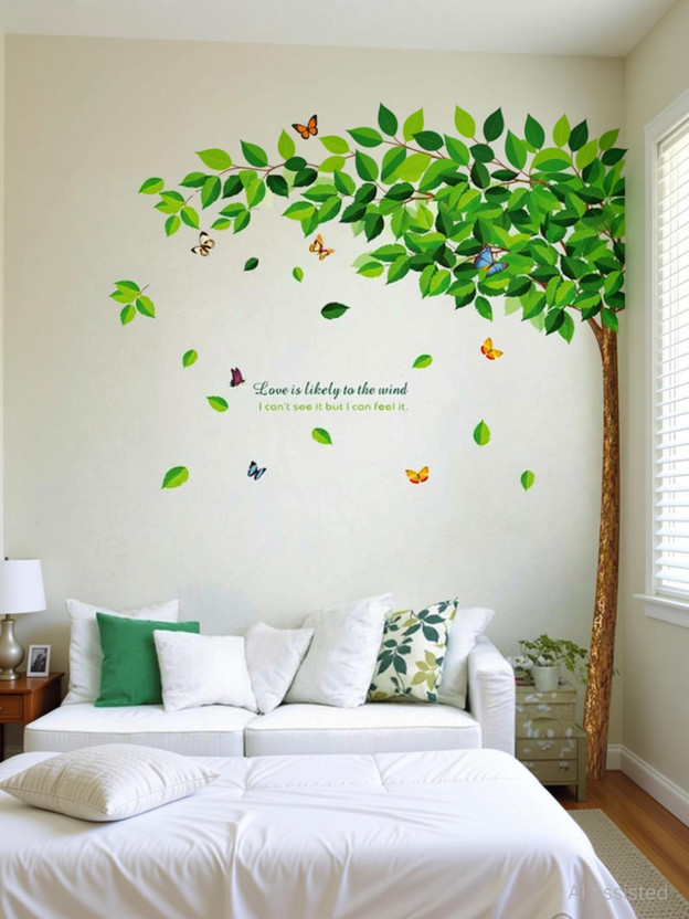 Aquire 120 cm Bestselling Green Leaves Tree 9011 Self Adhesive Sticker(Pack of 1)