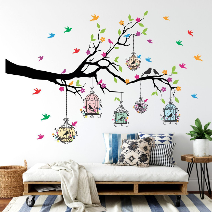 WallHunt 127 cm PVC Vinyl Tree And Flowers Wall Self Adhesive Sticker(Pack of 1)