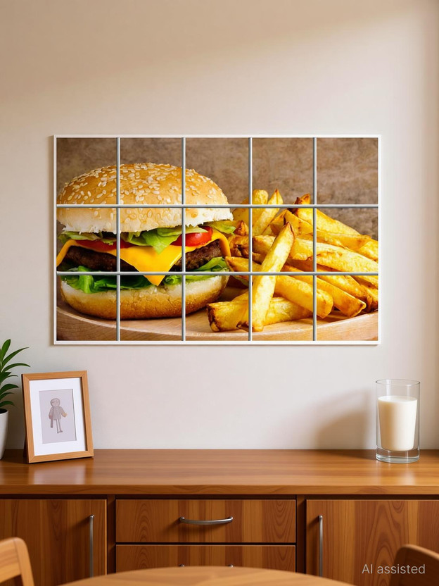 Ariba Decor 80 cm Vegetable Burger with French Fries Waterproof Kitchen Sticker Self Adhesive Sticker(Pack of 1)