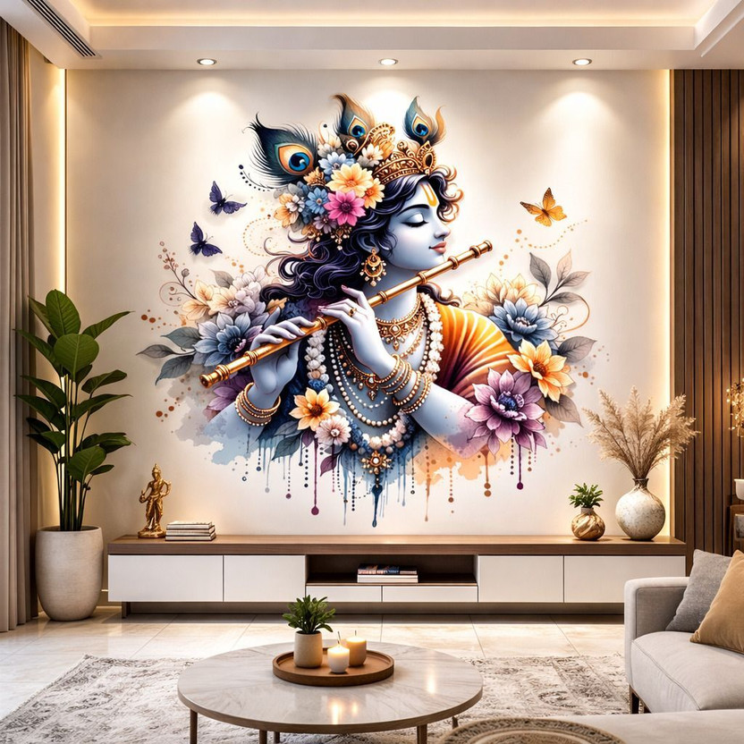 artisian inkwork 70 cm SHRI KRISHNA MODERN ART WALL STICKER Self Adhesive Sticker(Pack of 1)