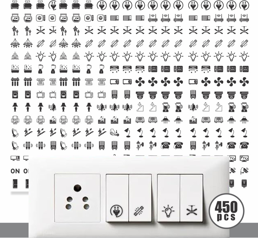 Stikor 1.5 cm Transparent Switch ID Stickers for Switch Boards, 52 Designs, Self Adhesive Sticker(Pack of 450)