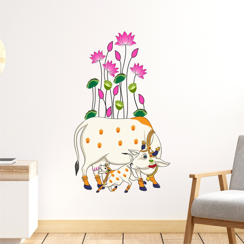 rawpockets 100 cm Kamadhenu Cow and Calf with Lotus Self Adhesive Sticker(Pack of 1)