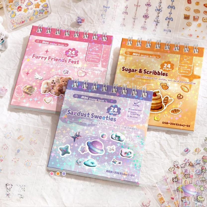 aerrowquick 1 inch Mini Sticker Book Set for Kids (3 Pack) | Cute & Glitter Decorative Stickers Self Adhesive Sticker(Pack of 3)