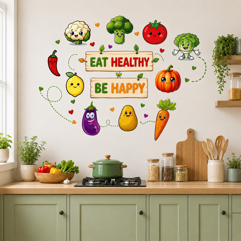 Burhani Burhani Decor 87 cm Eat Healthy Be Happy Cartoon Vegetable & Fruit Wall Sticker Self Adhesive Sticker(Pack of 1) - Flipkart Deal