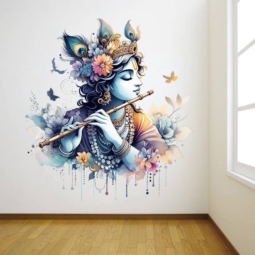 SAJAOHATKE 50 cm Shree krishna with flute Self Adhesive Sticker(Pack of 1)