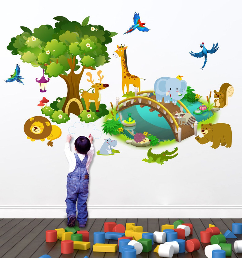 WallHunt 84 cm Nursery Zoo Animals Tree Wall Sticker Self Adhesive Sticker(Pack of 1)