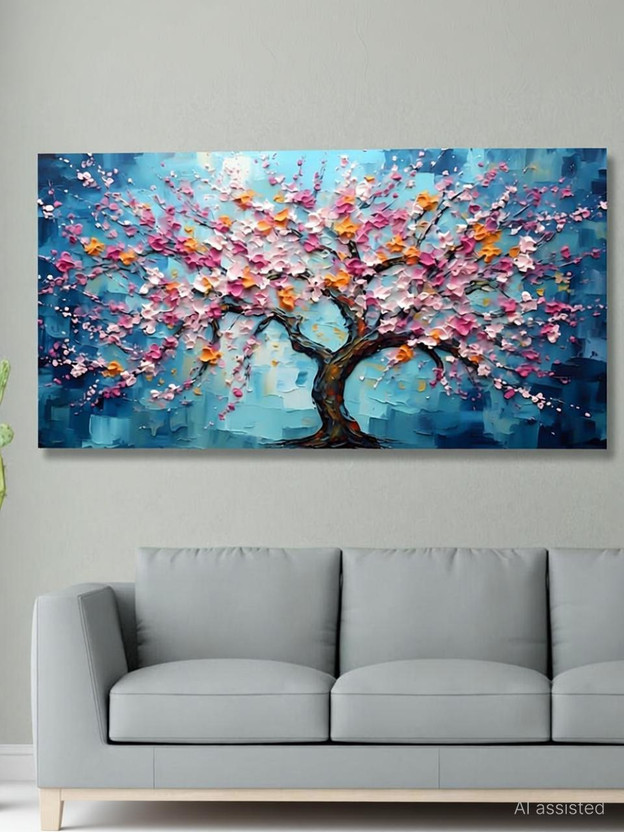 saf 48 inch Unframed Rolled Art Print Beautiful Tree Canvas For Home Décor CR-218 Self Adhesive Sticker(Pack of 1)