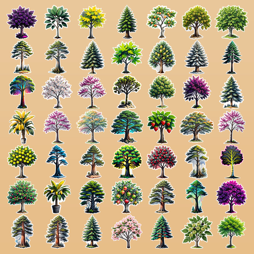 EXO DECOR 4.72 cm Tropical and Seasonal Trees Mixed Vinyl Sticker Pack for DIY Craft Decor Reusable Sticker(Pack of 60)