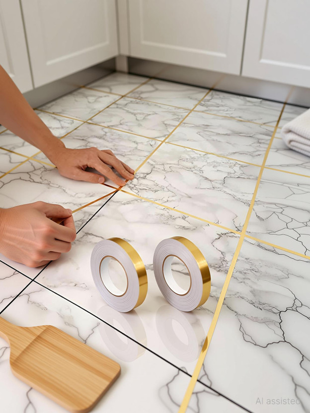 Sohanshstore 14 cm Tile Stickers for Flooring - 1cm x 50m (Gold) Removable Sticker(Pack of 1)