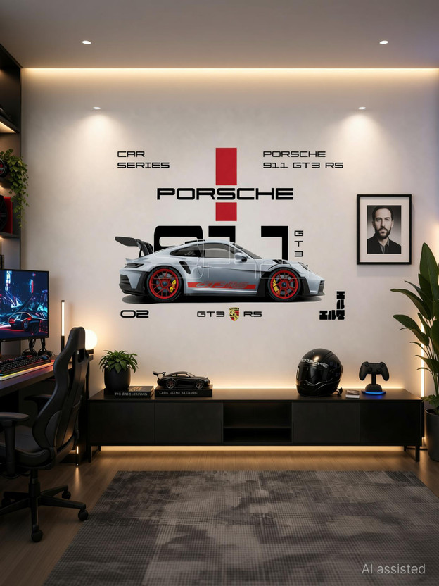 burhnidecor 74 cm Sports Car Wall Sticker (GT3 RS) – Modern Racing Theme Wall Art Self Adhesive Sticker(Pack of 1)