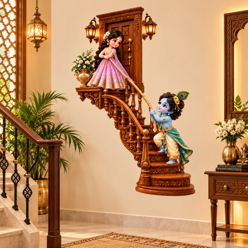 SAJAOHATKE SAJAOHATKE 77 cm Radha Krishna Divine Wooden Staircase Wall Stickers Self Adhesive Sticker(Pack of 1) - Flipkart Deal
