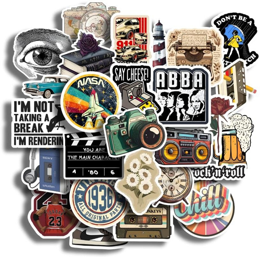 RSB HUB 5 cm 30Pcs Vintage Vinyl Stickers - Waterproof and Residue-Free for Laptops and More Reusable Sticker(Pack of 30)