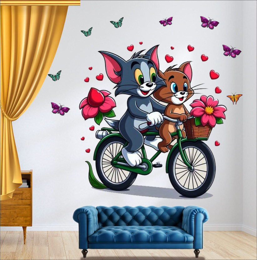 KUKU HOME DÉCOR 22 inch 3D KIDS TOM & JERRY FRIENS BIRDS WALL Self Adhesive Sticker(Pack of 1)