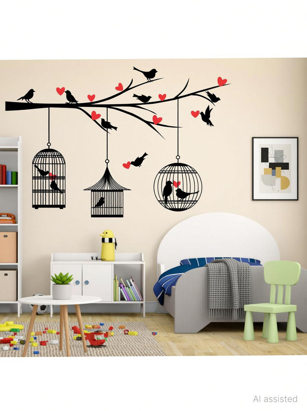 Decoration Stickers 90 cm Birds And Cage Red Heart Wall Sticker to add life to your Walls (Medium) Self Adhesive Sticker(Pack of 1)
