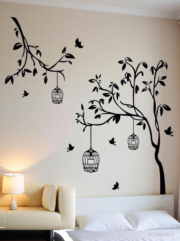 Decoration Stickers 90 cm Beautiful Black Tree And Cage Wall Sticker to add life to your Walls (Medium) Self Adhesive Sticker(Pack of 1)
