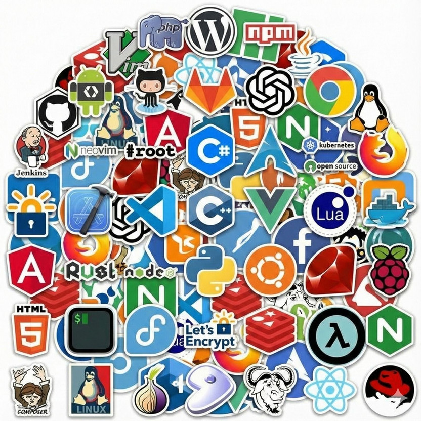 WEELIN 15.6 inch Programming Developer Sticker Pack | Coding Languages, Tech Logos & Funny Self Adhesive Sticker(Pack of 50)