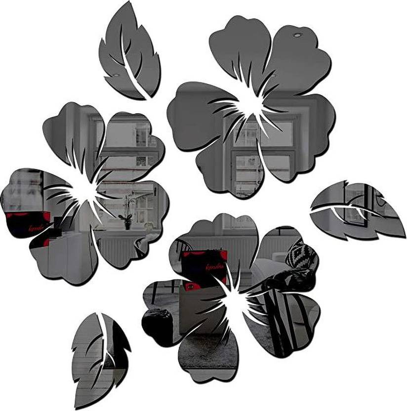Bikri Kendra Flower and Leaf Black 3D Acrylic Mirror Wall Mount