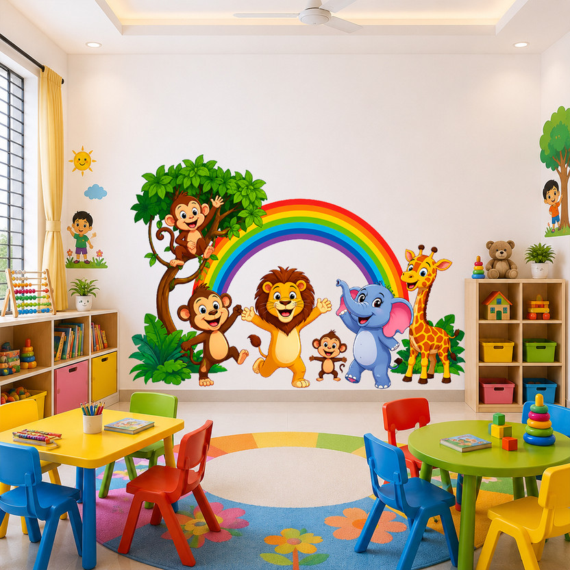 Eltass 75 cm Rainbow animals wall sticker - kids wall sticker - colourful animals Self Adhesive Sticker(Pack of 1)